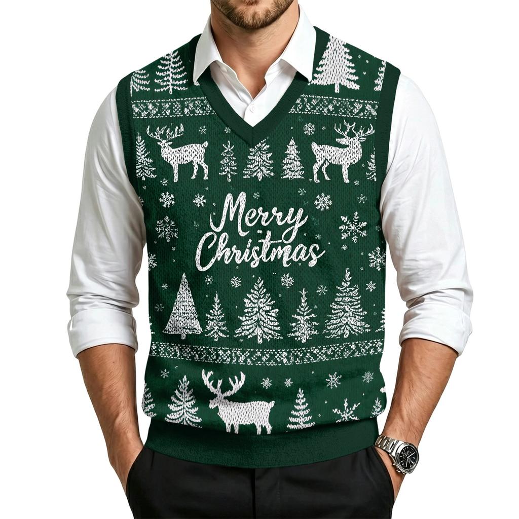 Men's Casual Wool V-Neck Knit Vest with Christmas Print for Commute and Daily Wear