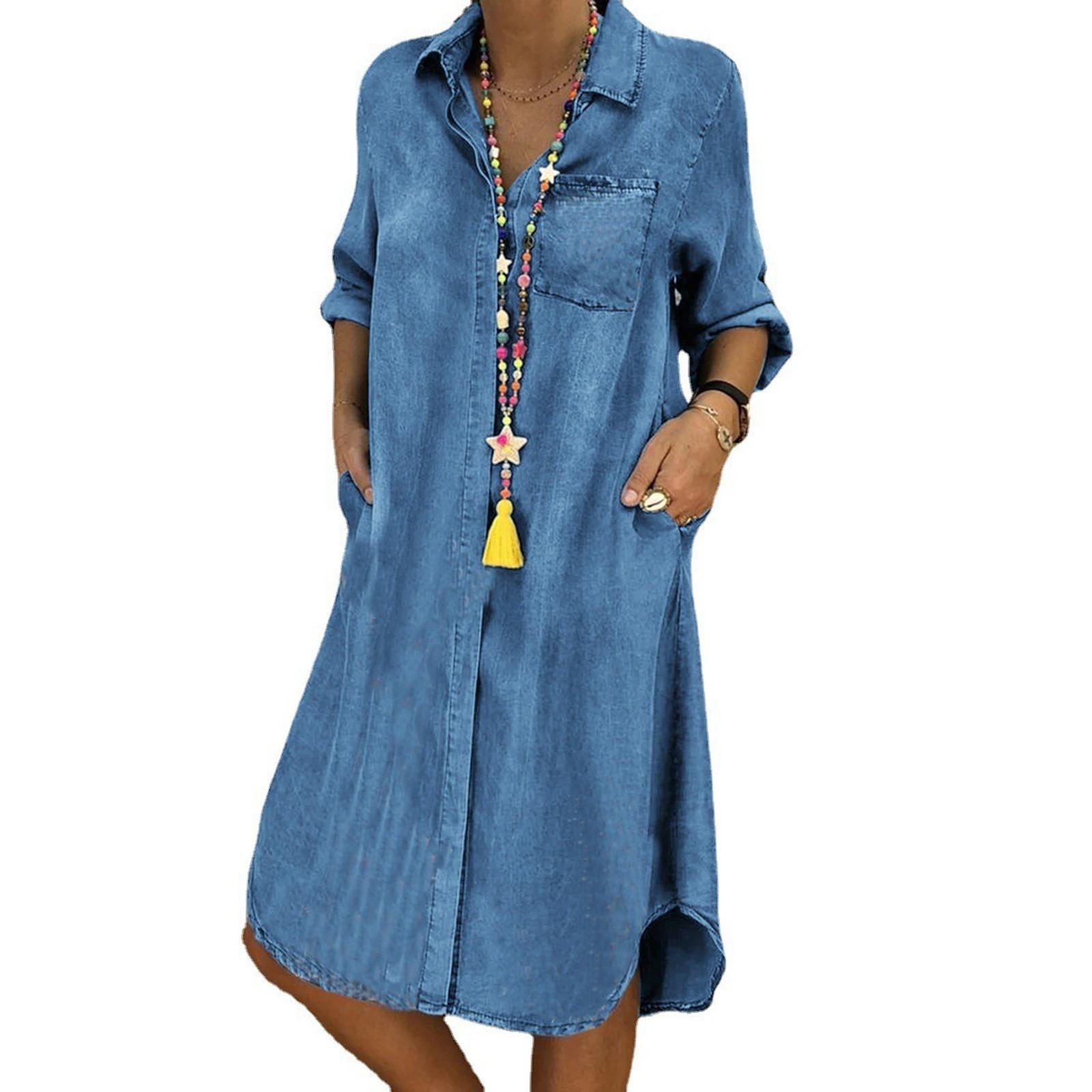 

Женское модное повседневное однобортное однобортное платье-рубашка с длинными рукавами и карманами, однотонное платье-рубашка XL светло-синий