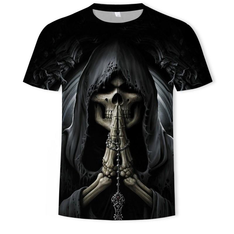 2026 Mens Streetwear Graphic Tee 3D Skull Print Loose Fit Crew Neck Short Sleeve Cotton T-Shirt