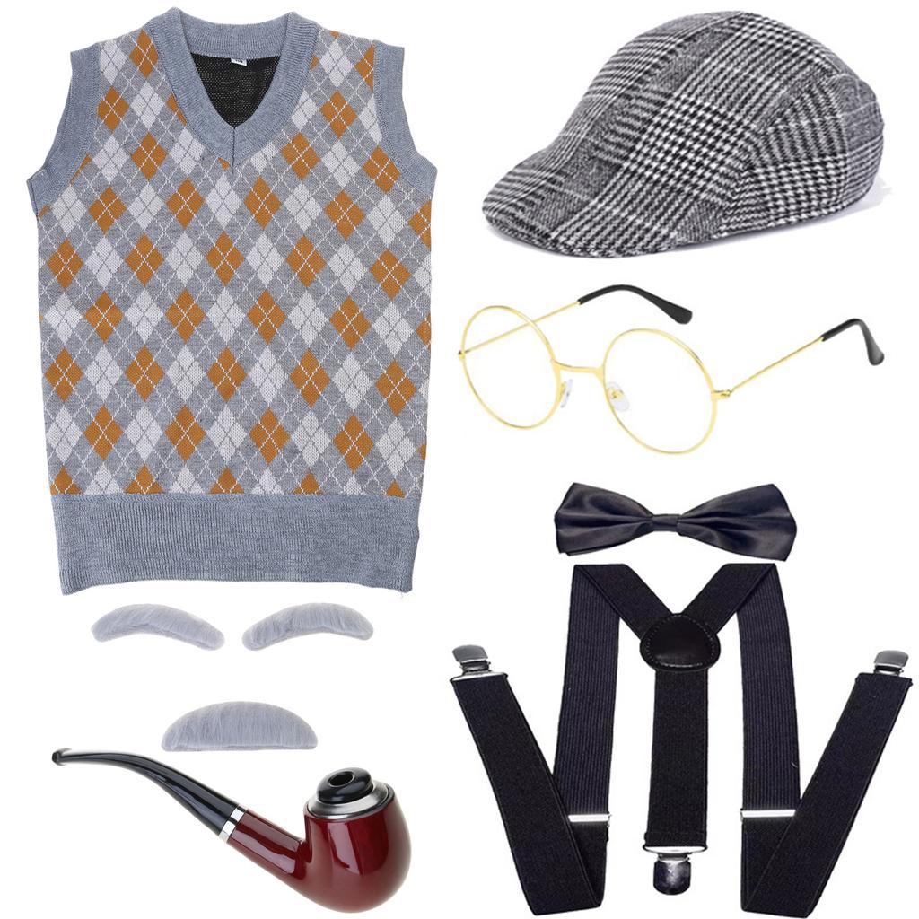 Grandfather Set Halloween Old Man Costume Set Grandpa Hat  Glasses Eyebrows Moustache for 100th Day of School
