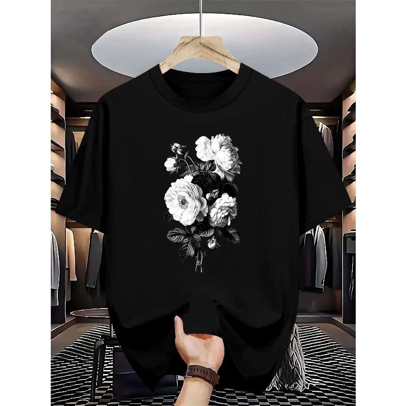 European sizes Floral Print Men s Outdoor Sports Short Sleeve Graphic Print Crew Neck T-Shirt S чёрный