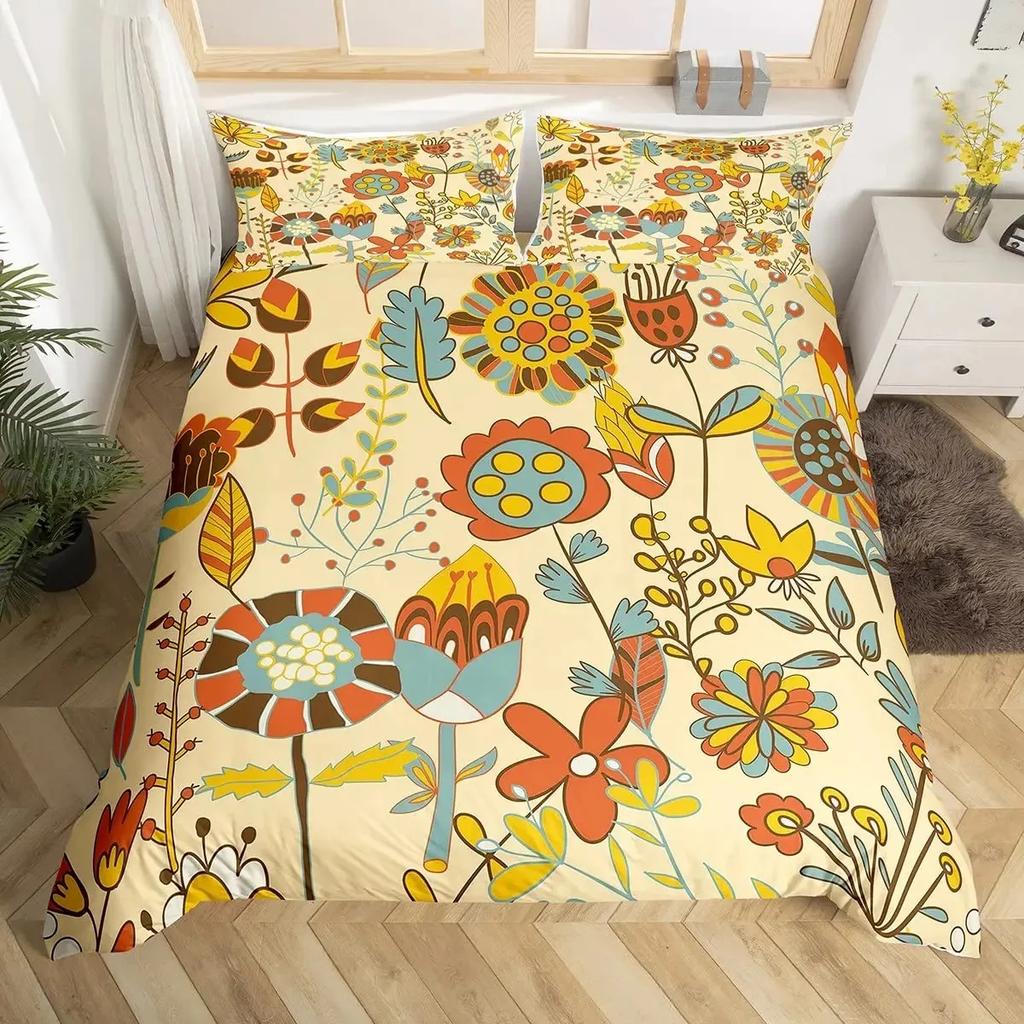 Retro 70er Jahre Hippie Stil Bettbezug Set Queen, Psychedelisches Pilz Bettwäsche Set Regenbogen Blumen Sterne Mond Bettdeckenbezug