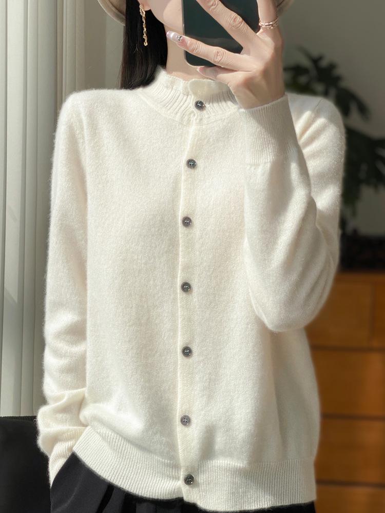 Women's Ruffle Wool Cardigan: Soft, Skin-Friendly, 100% Wool, Versatile Autumn and Winter Outerwear.