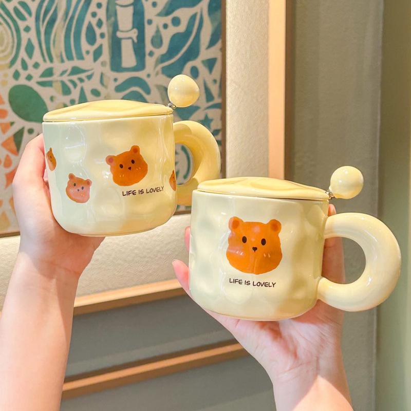 High looking Cute Little Bear Mug Mug for Boys and Girls Drinking Water Cup with Lid Spoon Couple Ceramic Cup Coffee Breakfast Cup