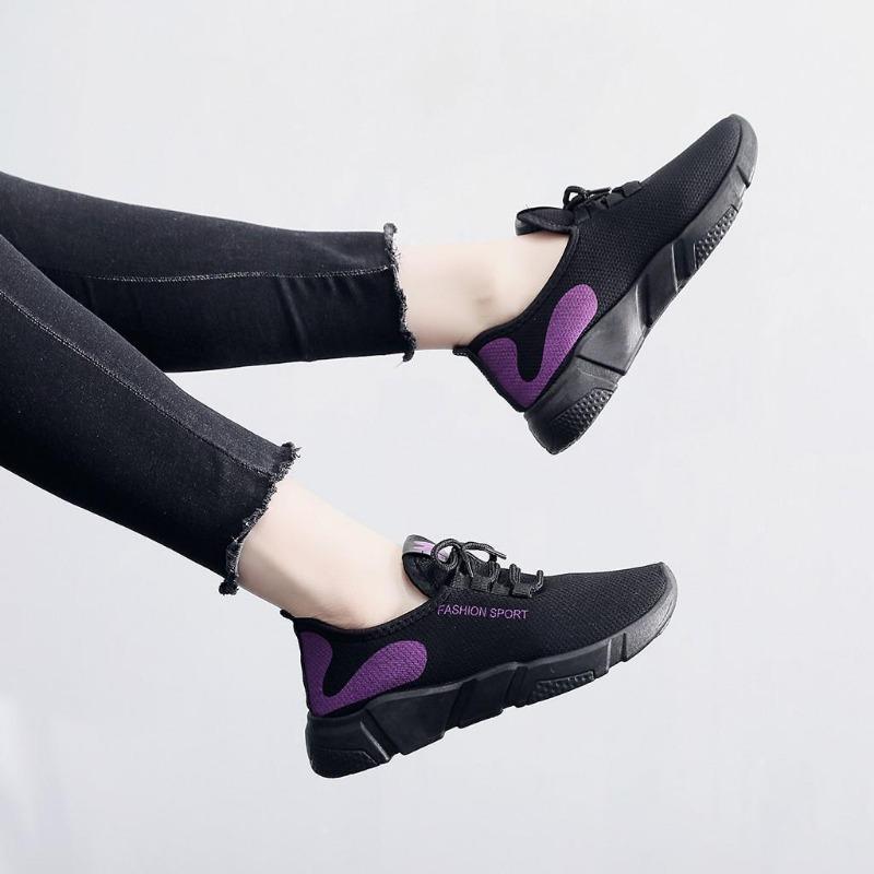 Kvinner Snøring Mesh Flat Sko Joggesko Dame Mote Pustende Walking Casual Sko