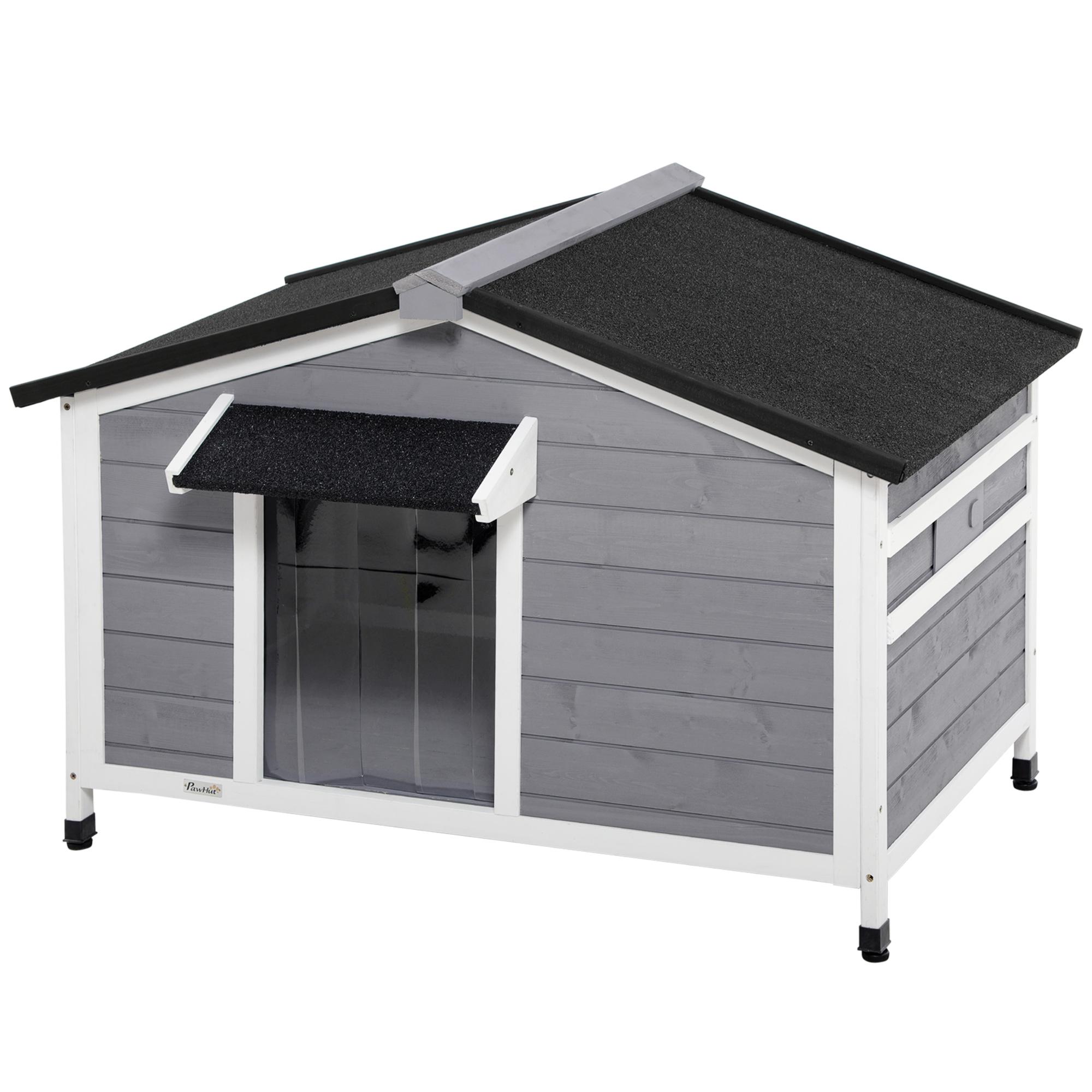 Maisonnette pour chien en bois massif Toit en asphalte résistant aux intempéries Plancher amovible 109 cm x 79 cm x 72 cm Gris et blanc
