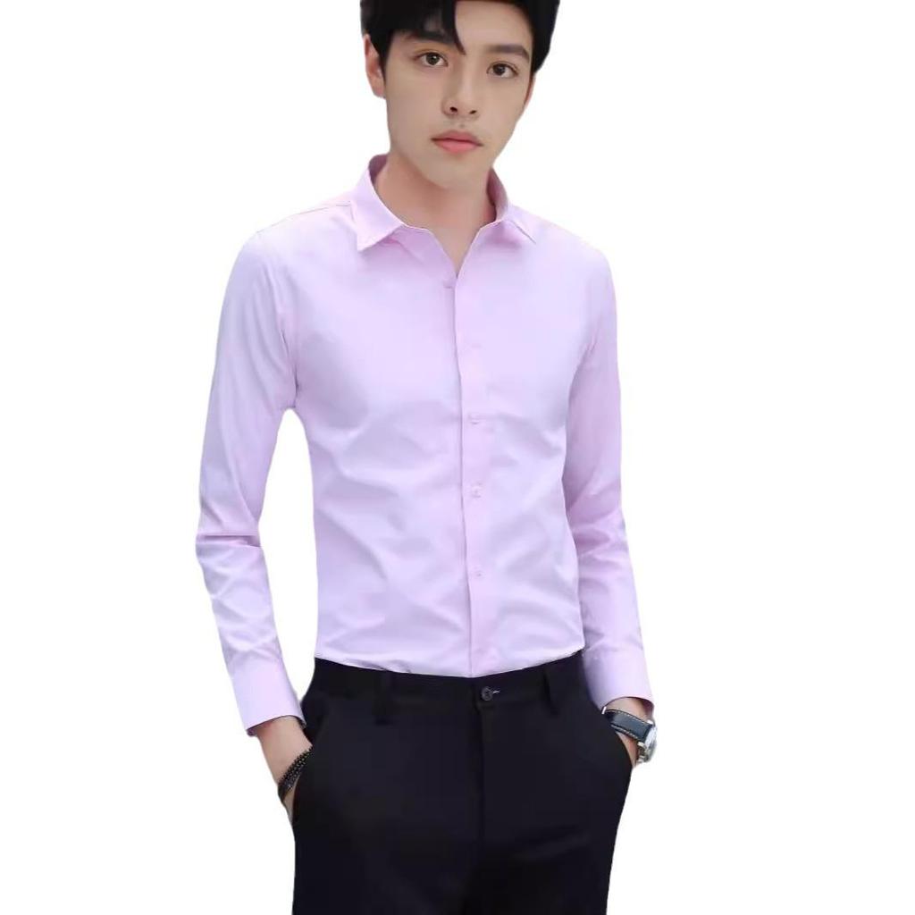 Herren Langarm Businesshemd, Koreanischer Stil, Bügelfrei, Weiß/Schwarz, Sommer Arbeitskleidung