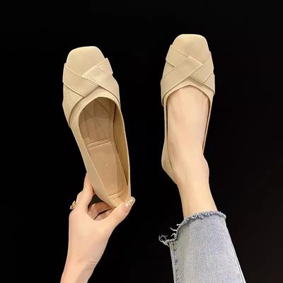 Spring and Summer New Women's Shoes Retro Casual Fashion Square Head Shallow Mouth Flat Bottom Flat Heel Women's Single Shoes