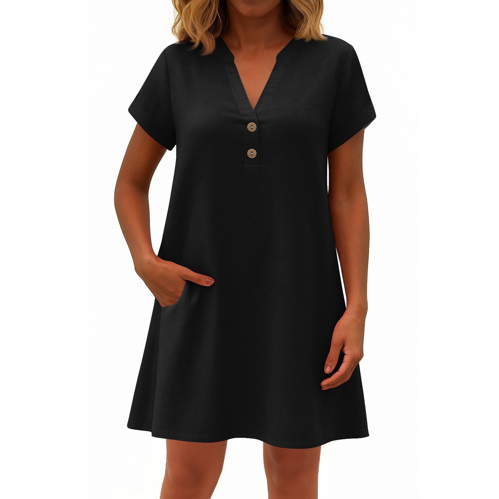 Women s Fashionable Color V Neck Button Short Sleeved Pullover Dress M