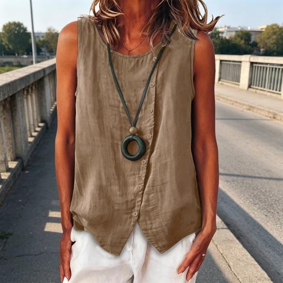 Women Tops Crew Neck Sleeveless Side Buttons Decor Asymmetric Design Pullover