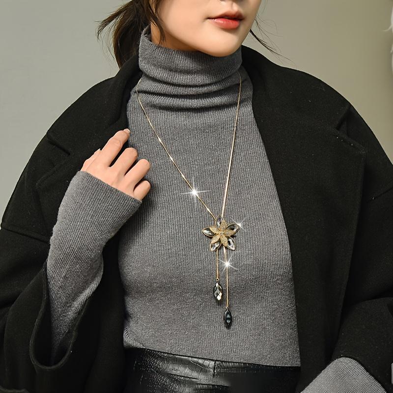 Fashionable Elegant Marquise Flower Pendant Long Sweater Chain – Artificial Crystal Gray, Perfect Fall Winter Accessory for Women, Ideal Gift
