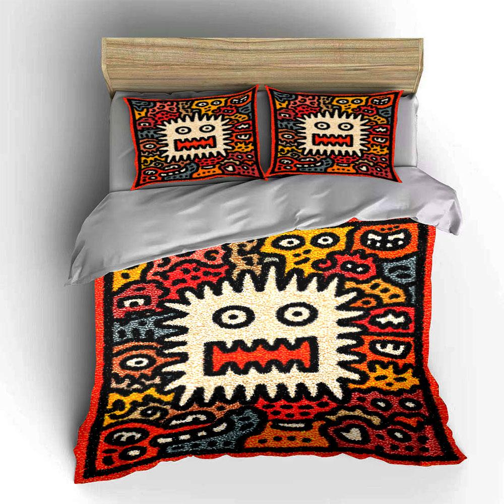 Colorful Cartoon Monster Faces Bedding Duvet Cover Set (1*Duvet Cover 2*Pillowcases, without duvet insert)