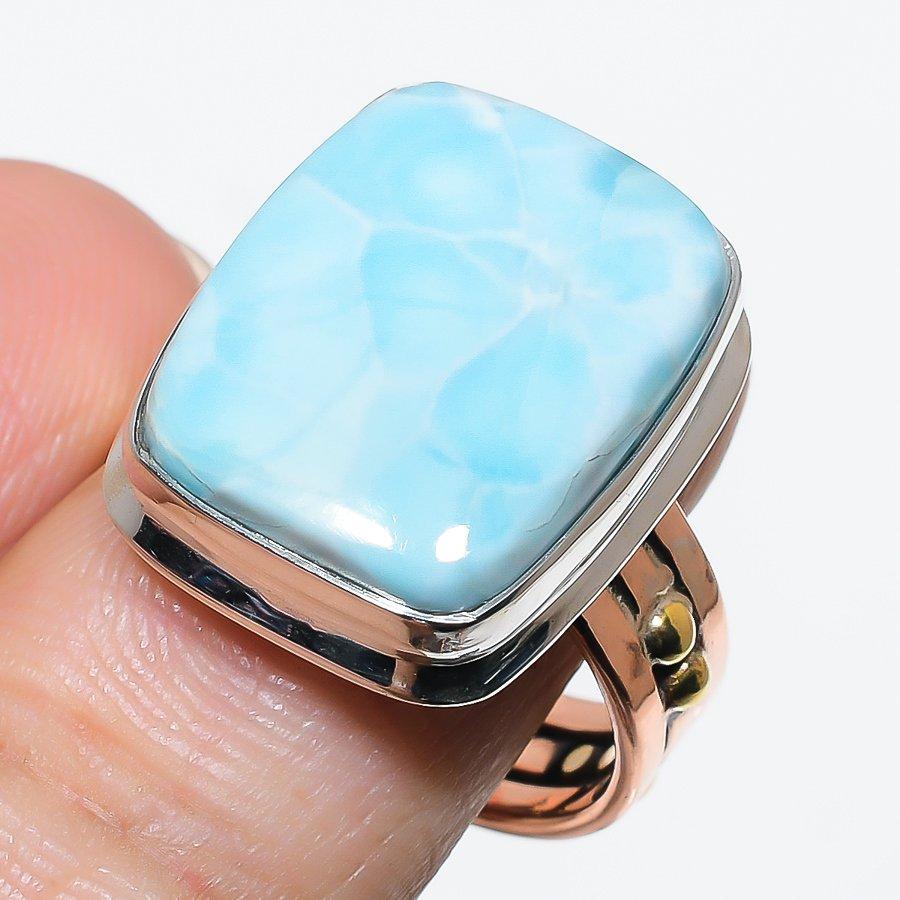 Natural Larimar Gemstone 925 Solid Sterling Silver Gift Two Tone Ring S.10 W2l37