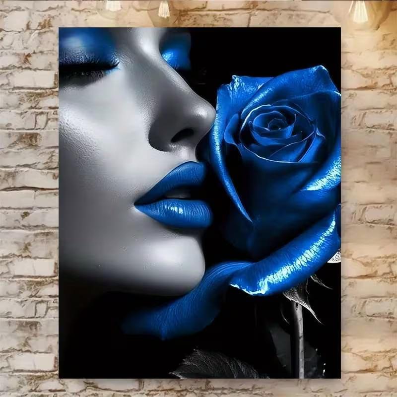 Woman with Blue Rose Frameless Canvas Wall Art - Elegant Female Portrait Painting, Modern Minimalist Blue Rose Artwor 21X30CMNo Framed