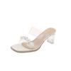 Cool Slippers Women's Thick Heel Slippers Women's Outer Wear Summer Internet Celebrity Fashion Belt with One Word Transparent High Heel Crystal One W