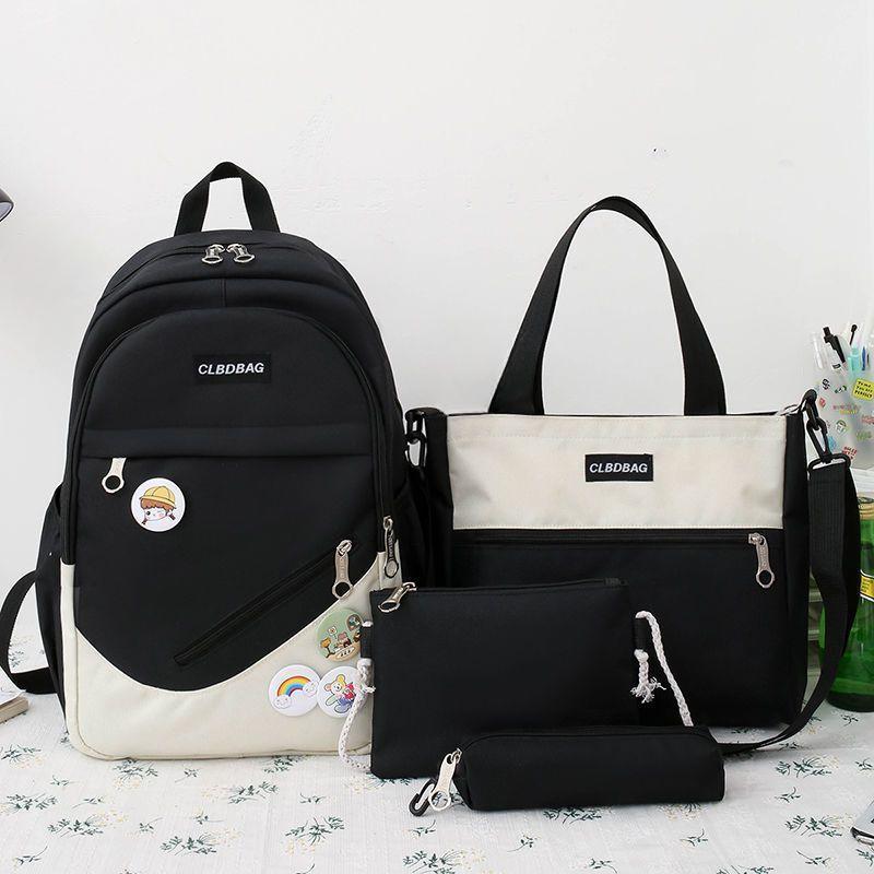 Koreanischer Canvas-Rucksack für Studenten, vierteiliges Rucksack-Set, modische Kontrastfarbe, wasserdichter Rucksack mit großer Kapazität