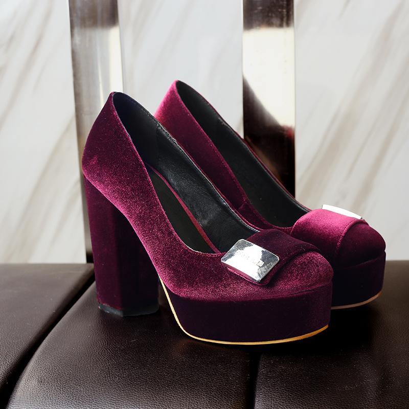 Spring Velvet Platform High Heels Pumps Shoes Woman Fashion Sexy Blue Red Women's Heeled Round Toe Office Party Wedding Shoes
