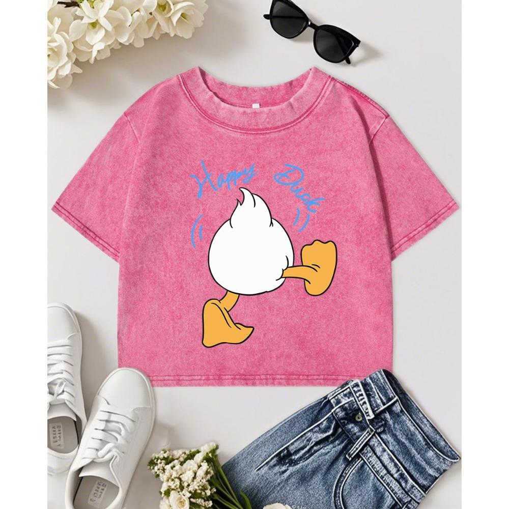Happy Duck Cartoon Printing Washed Tee Shirts Women Fashion Cotton Tops O-Neck T Shirt Summer Sports Snow Wash T-Shirt