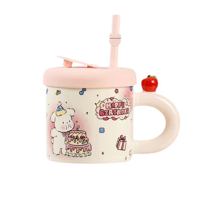Summer Straw Cup Cute Cat Mug Water Cup with Lid Ceramic Cup Girl Couple Birthday Gift Souvenir