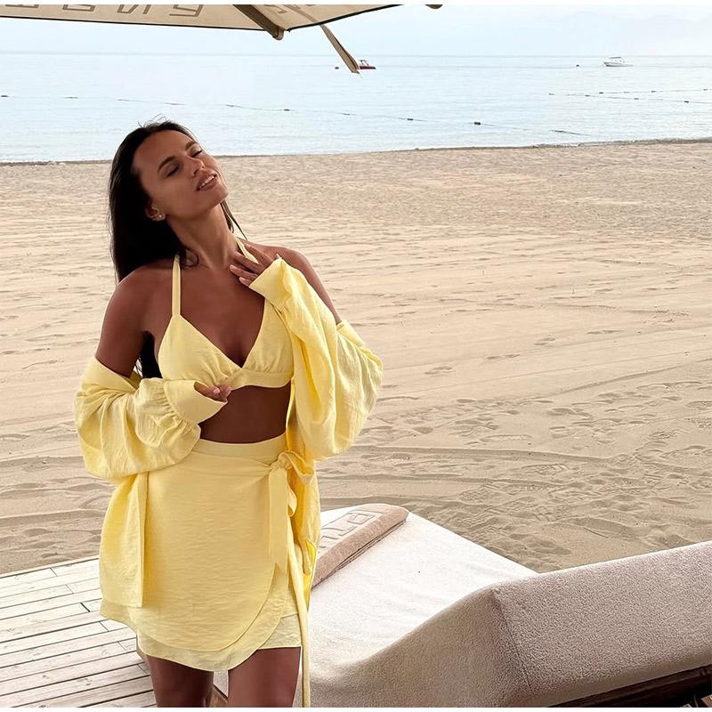 Ladies' Lantern Sleeve Loose Shirt Half Skirt Set Yellow Casual Set Spring Summer New Outfit Ladies' Plus Size Set Daily Commuting Style