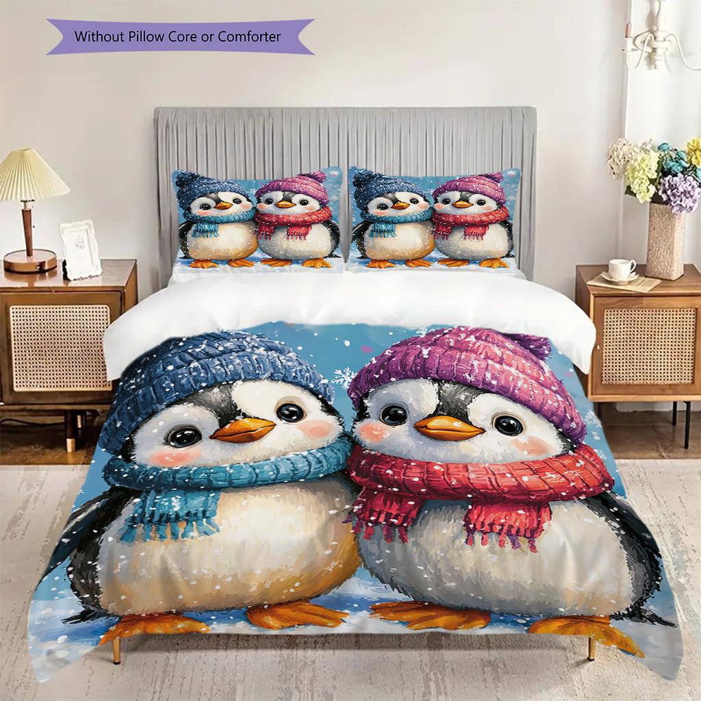 Penguin Pattern Bedding Quilt Set Quilt Cover Pillowcase Home Decoration Birthday Gift (1 * duvet cover + 2 * pillowcase, without core)
