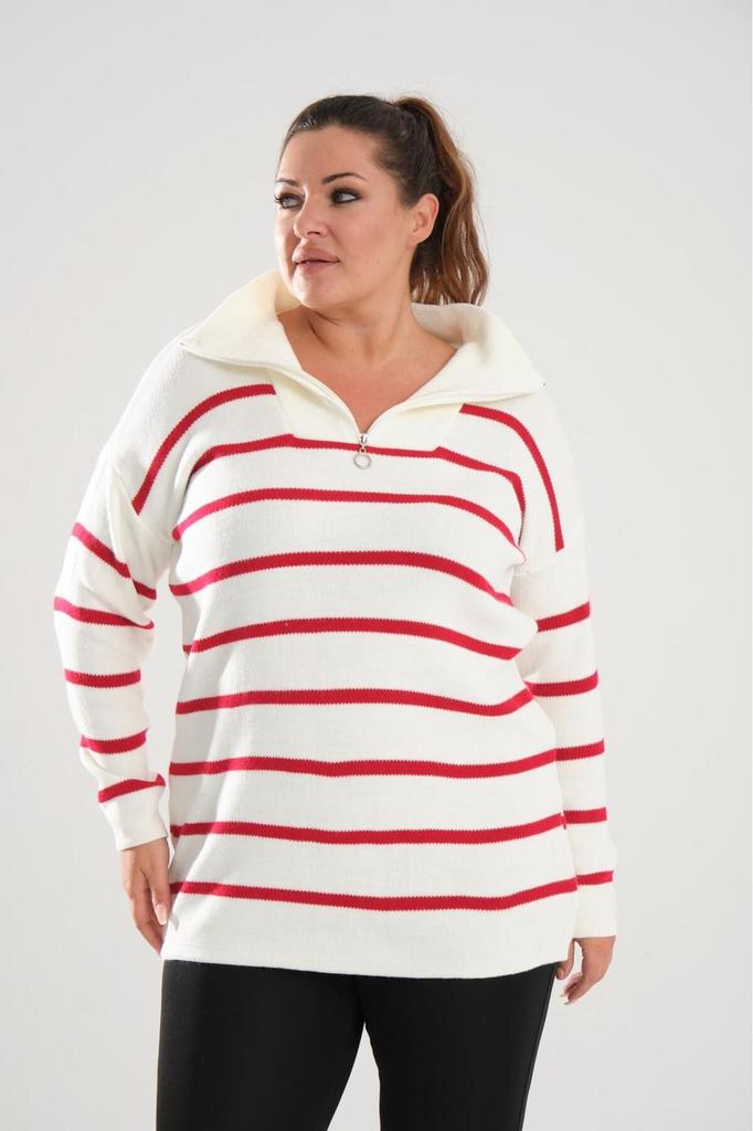 Women's Big Size Blouse Black Zipper Collar Black Striped Knitted Knitwear Plus Size Blouse