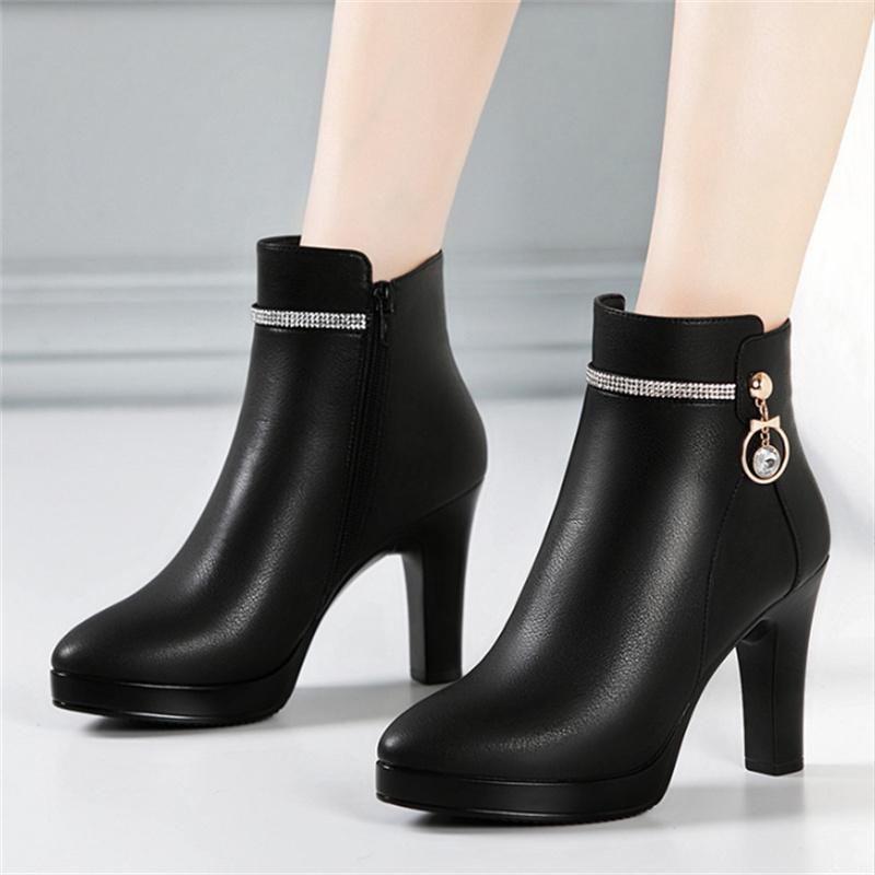 Botines de piel suave a la moda para mujer, tacones altos, zapatos con cremallera, botas de invierno cálidas de piel, plataforma, talla 34-41