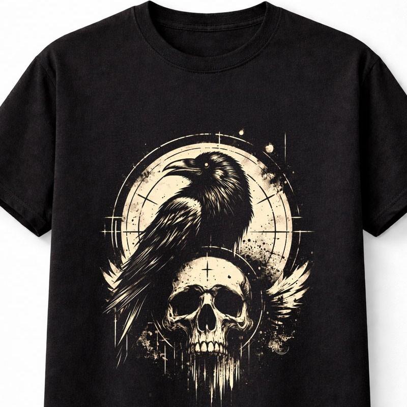 Raven Skull Gothic Graphic TShirt Dark Crow Art Vintage Tee S5XL