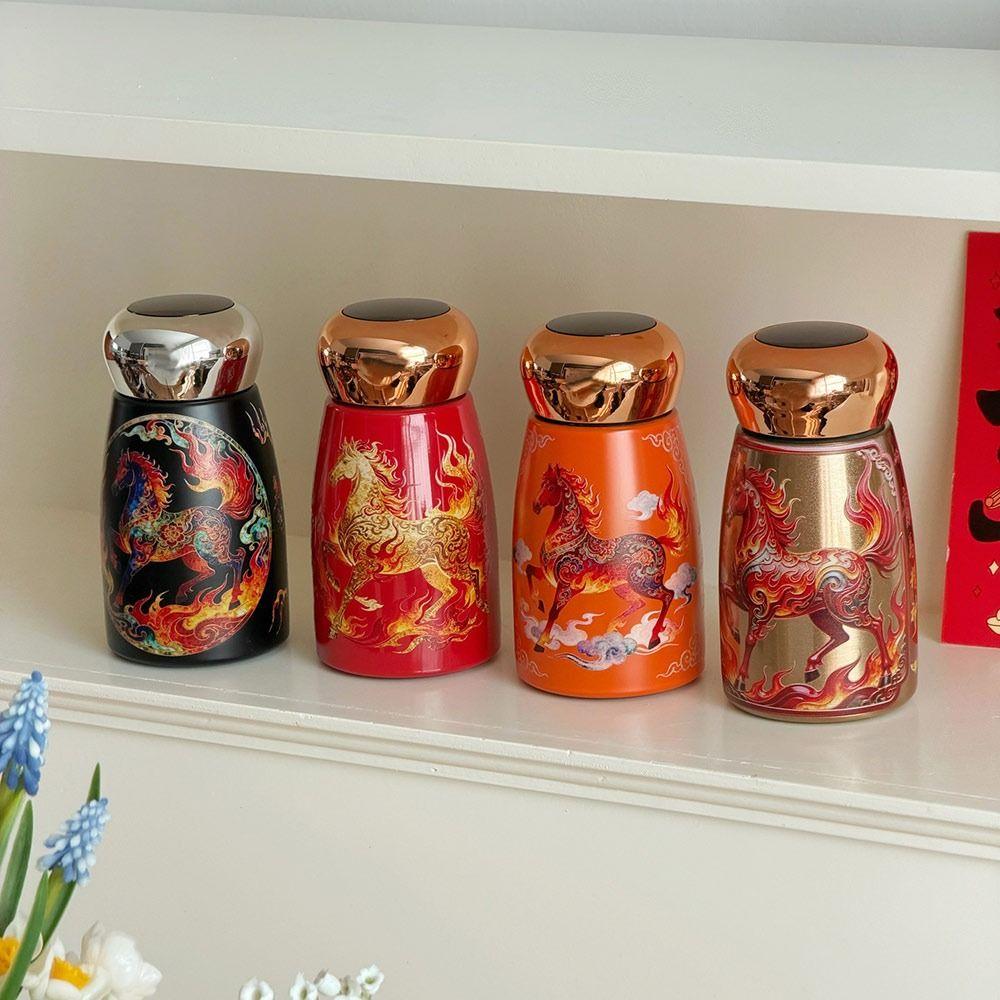 304 Stainless Steel Horse Year Insulated Cup 230ml Chinese Style Coffee Mug Temperature Display Leak-Proof Vacuum Pocket Cup