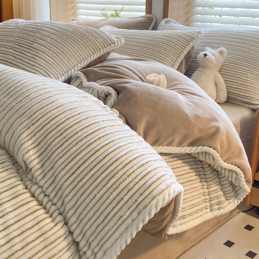 Jacquard Hemming Thickened Milk Fleece Four-Piece Set Double-Sided Fleece Quilt Cover Dormitory Three-Piece Set Bedding