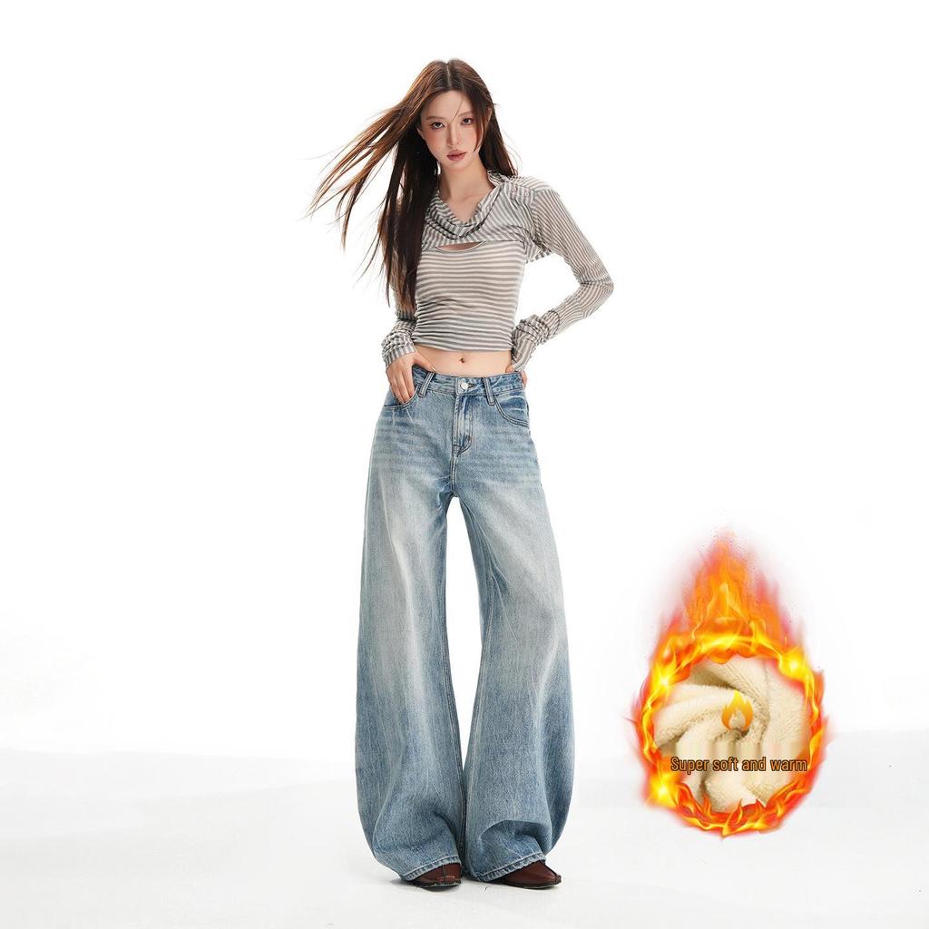 Women's Retro Washed Low Waist Wide Leg Jeans - Autumn Winter Collection