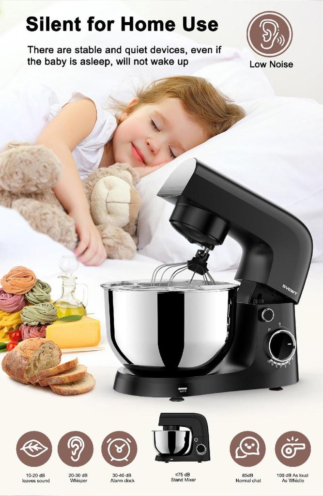 SVEWT 1500W Food Mixer, with 5.5QT Stainless Steel Bowl, Dough Hook, Beater and Whisk, 10 Speeds for Baking Mixing, Black - EU Plug
