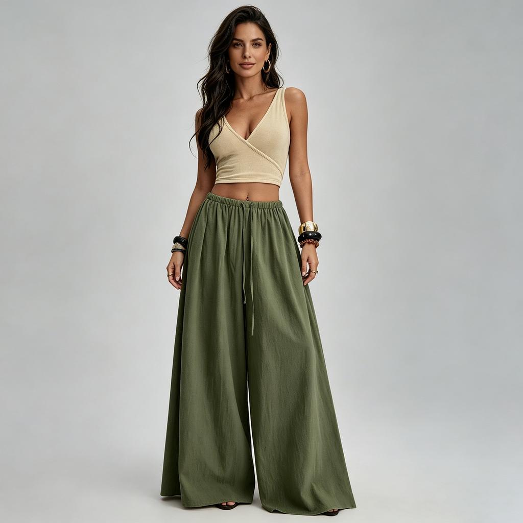 Women Wide Leg Pants Drawstring Waist Casual Loose Fit Trousers Long Pants Comfortable Lightweight Fabric