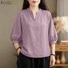 Women Casual V-Neck 3/4 Sleeve Loose Cotton Blouse
