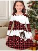 Girls' Autumn and Winter Fashion Dress, 3D Plaid Print  Round Neck Long Children's T-shirt Dress, Casual Versatile, Christmas Clothing