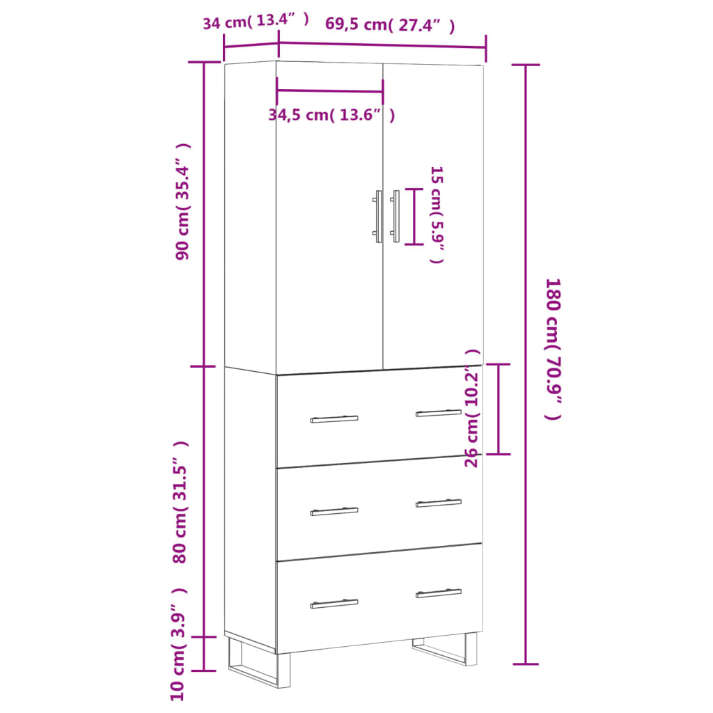 Highboard Smoked Oak 69.5 x 34 x 180 cm Particleboard