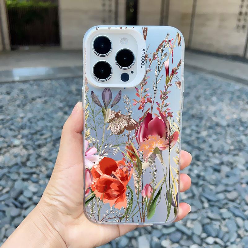 Luxury Retro Flowers Floral Phone Case For iPhone 12 15 11 12 13 14 Pro Max 15 14 Plus 13 Mini Shockproof Matte Laser Back Cover