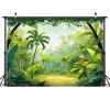 2D Cartoon Jungle Backdrop, Tropical Rainforest with Palm Trees & Toucan Party Photography Background