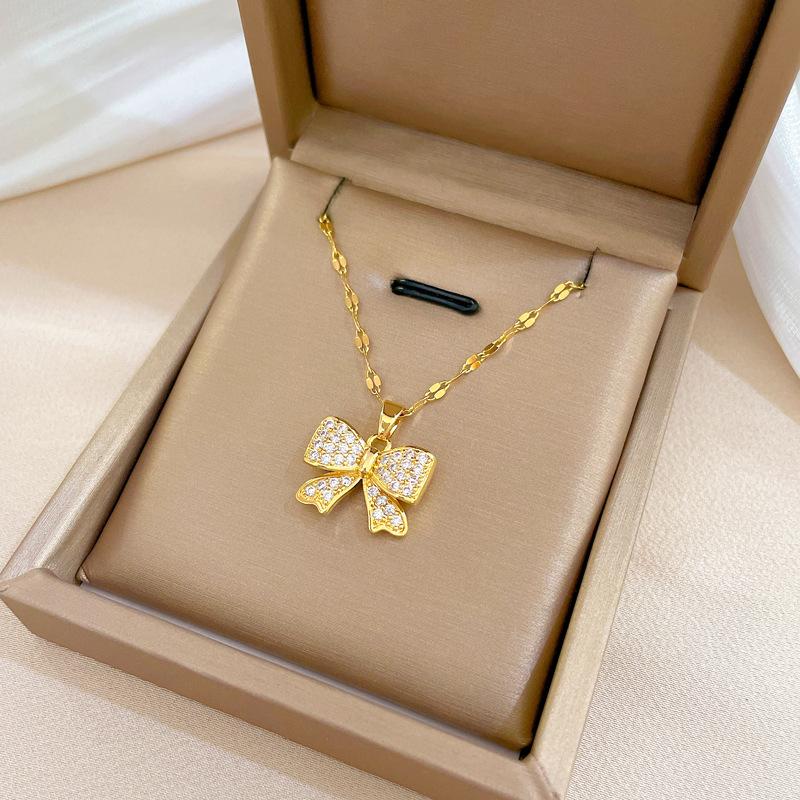 Titanium Steel Light Luxury Temperament Gorgeous Full Diamond Bow Necklace Women'S Versatile Collarbone Chain Titanium Steel Chain