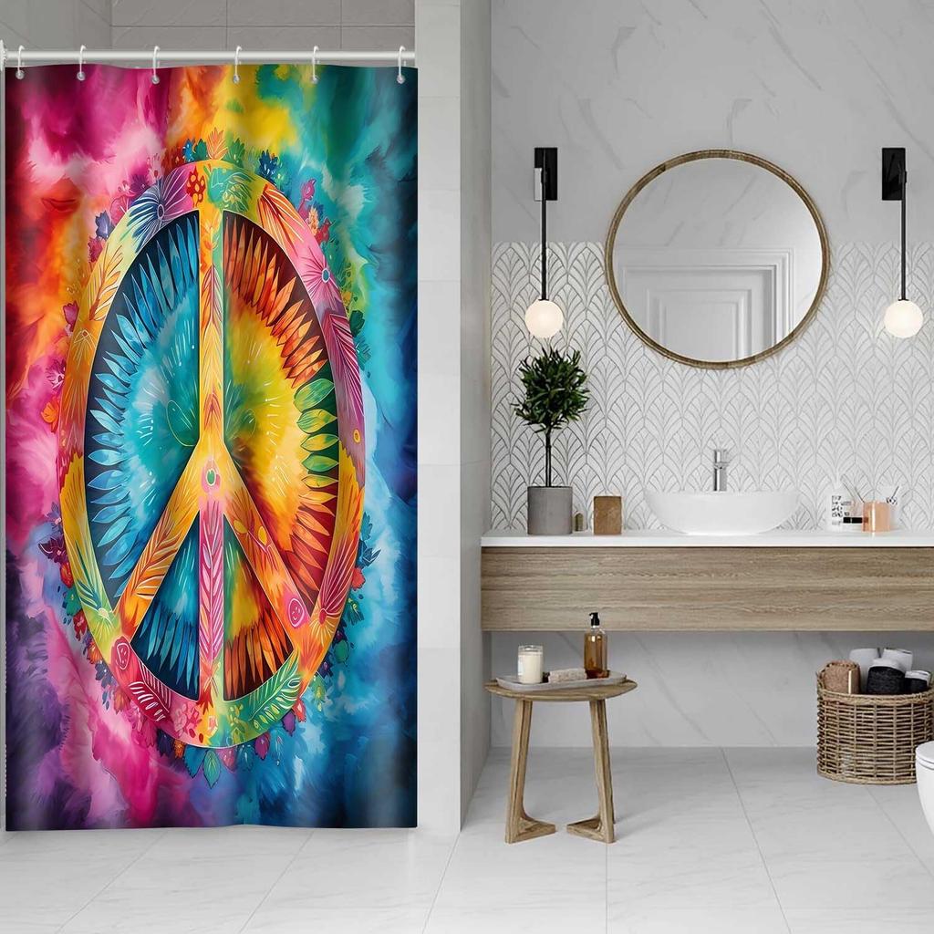 Peace Symbol Shower Curtain, 72x72 inch Polyester, Colorful Watercolor Tie Dye Hippie Peace Sign Bathroom Shower Curta Decor Set with 12 Hooks