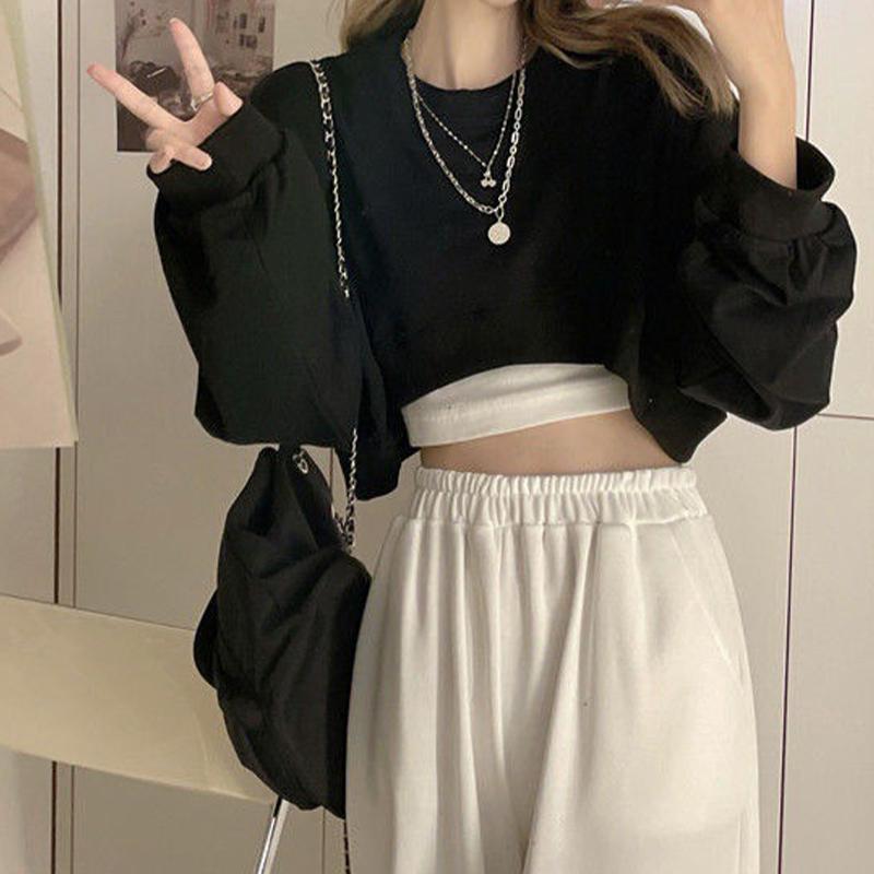 High Waist Short Sweatshirt Women's Loose Long Sleeve T-shirt Top