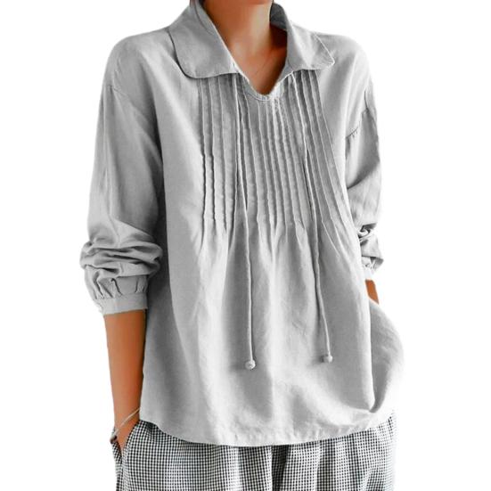 Women Spring Shirt Turn-down Collar Tassel Solid Color Loose Soft Pleated Pullover