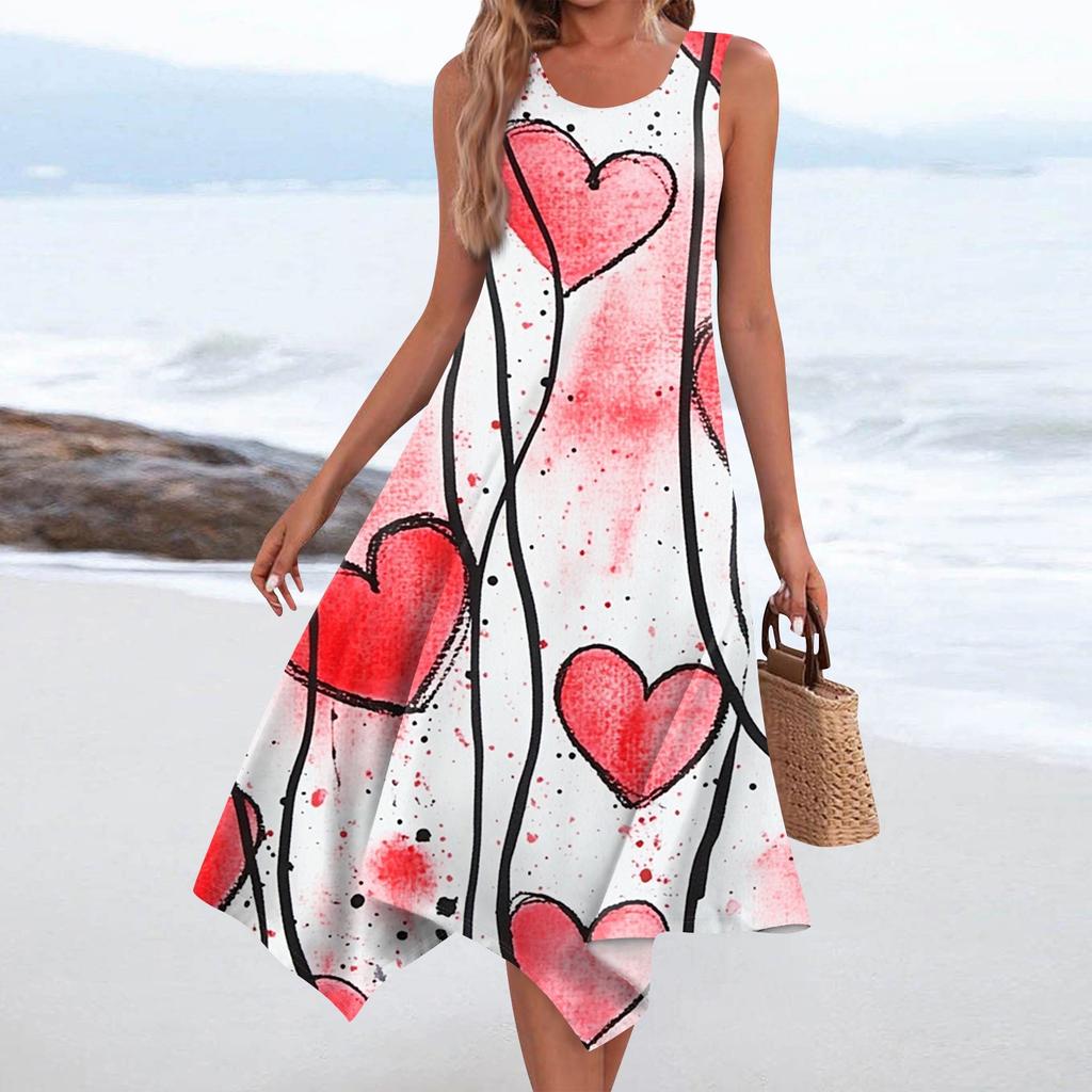 Lässiges, modisches Damen-Midikleid mit Rundhalsausschnitt, ärmellosem Aufdruck und unregelmäßigem Saum