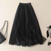 Spring Summer Solid Color Pleated Mesh Skirt Women Classic High Waisted Shirring Slim Temperament Casual Lady Midi Skirt