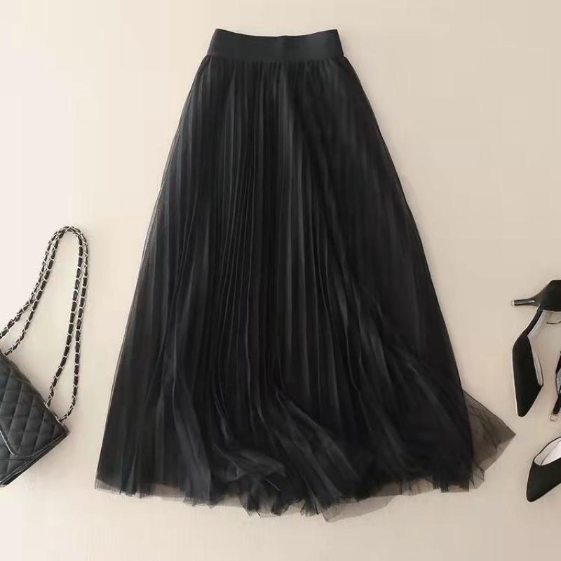 Spring Summer Solid Color Pleated Mesh Skirt Women Classic High Waisted Shirring Slim Temperament Casual Lady Midi Skirt