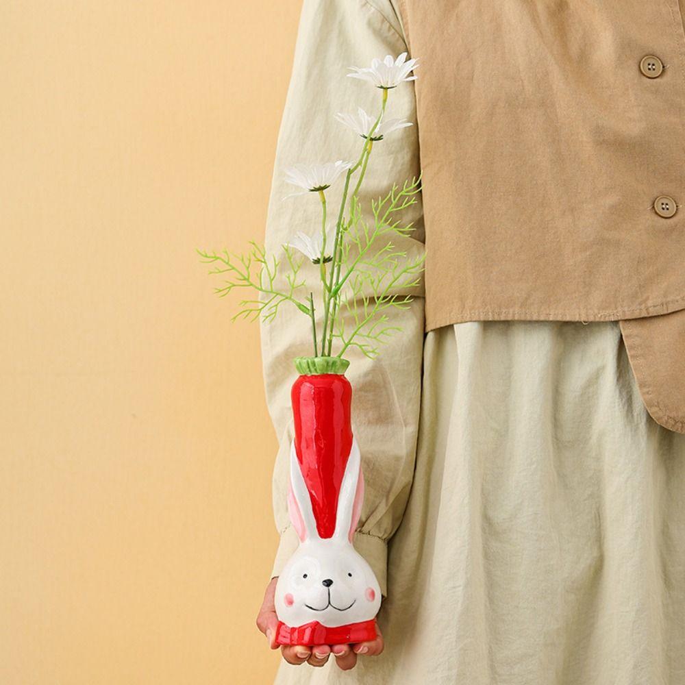 Rabbit Carrot Shape Flower Bottle Handmade Green Plants Pot Rabbit Ceramic Vase Desktop Decor