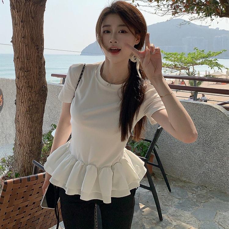 Summer MODAL COTTON t shirt for Women Ballet style O-neck short sleeve T-shirts Lotus leaf casual Slim Elastic Skinny black Tops