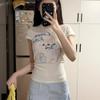 Summer Cotton Women's T Shirt Cute Cartoon Print Casual Slim Fit Round Neck Short Sleeve T-Shirts Harajuku White Y2k Top