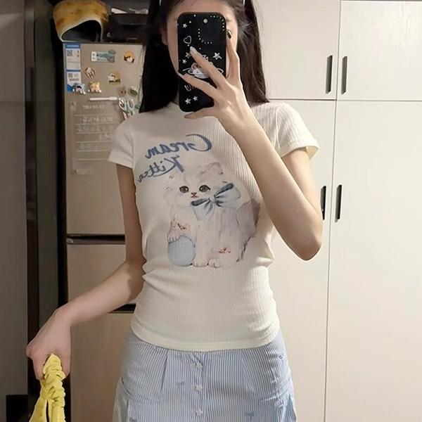 Summer Cotton Women's T Shirt Cute Cartoon Print Casual Slim Fit Round Neck Short Sleeve T-Shirts Harajuku White Y2k Top