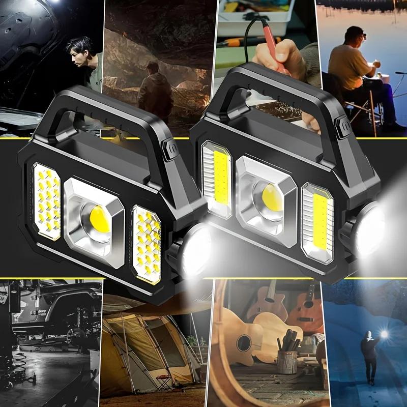Solar Rechargeable Flashlight Portable Work Light 5 Modes Power Bank COB LED Side Light Emergency Lamp Outdoor Camping Repair